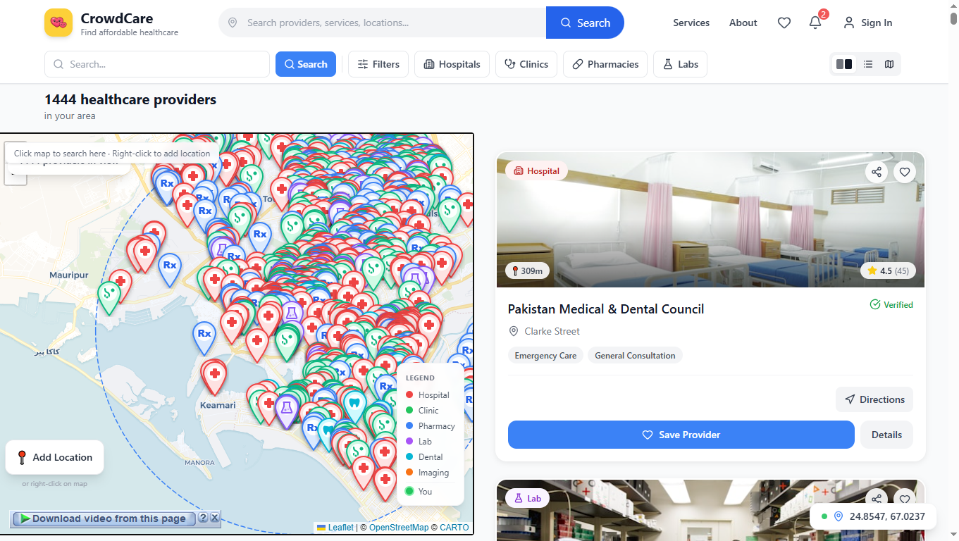 CrowdCare healthcare provider map and search interface