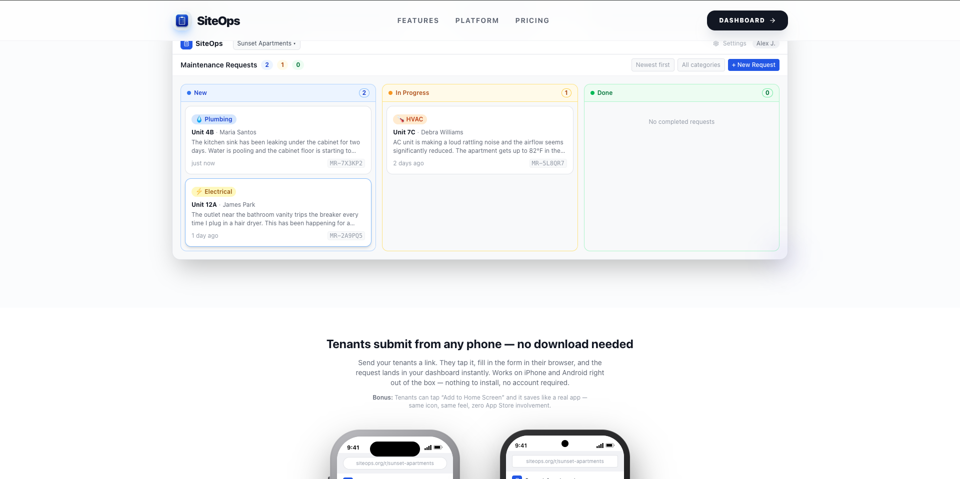SiteOps maintenance request workflow dashboard